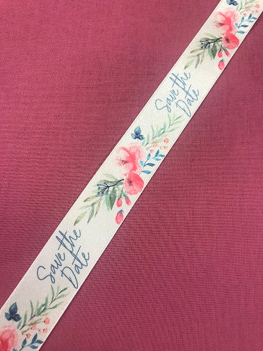 Save the Date Satin Ribbon- Pink Flower on White 25mm