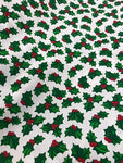Christmas Poly Cotton- Holly Sprigs- White