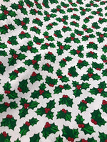Christmas Poly Cotton- Holly Sprigs- White