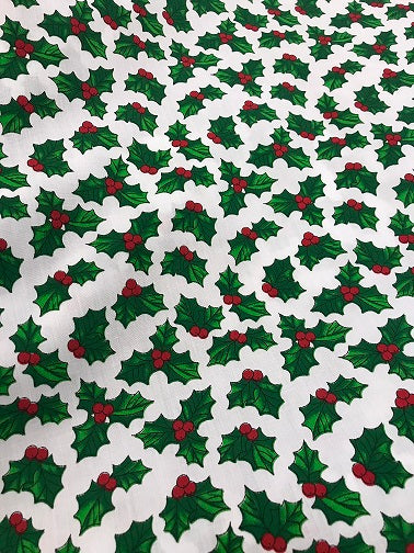 Christmas Poly Cotton- Holly Sprigs- White