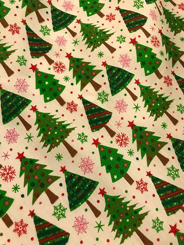 Christmas Poly Cotton- Xmas Trees- White