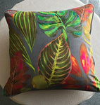 Luxury Grey Velvet Tropical Print Cushion Cover 16" x 16"