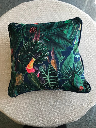 Tropical Bird Velvet Piped Cushion Cover 16" x 16"