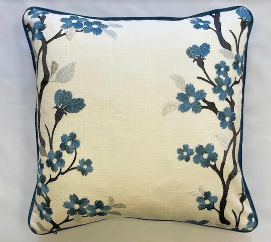 Off White Linen Look with Blue Flowers Piped Cushion Cover - 18" x 18"