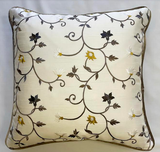 Off White Dupion with Trailing Flowers Piped Cushion Cover - 18" x 18"